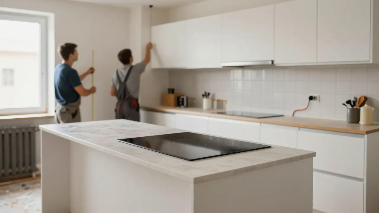 Střední rekonstrukce kuchyně s moderní linkou a novými rozvody v bytě.