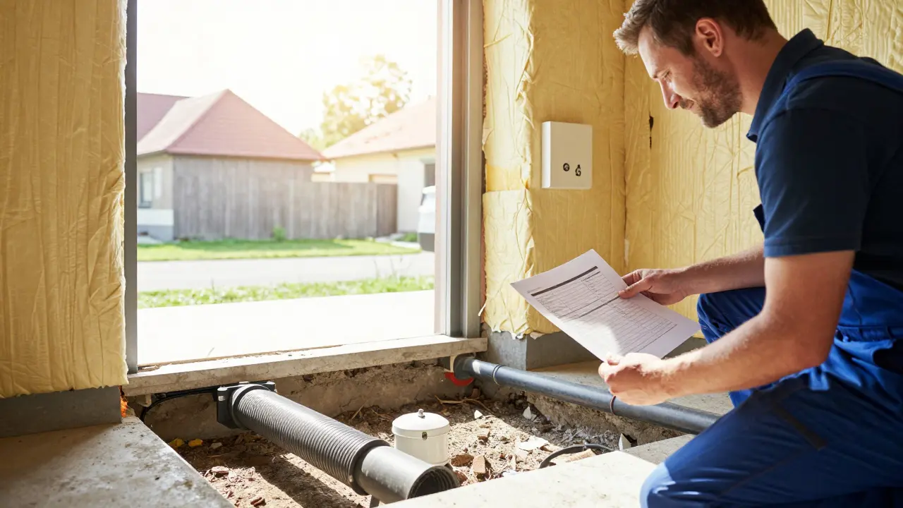 Technik instaluje radonový systém pod nový dům, majitel sleduje výsledek měření.