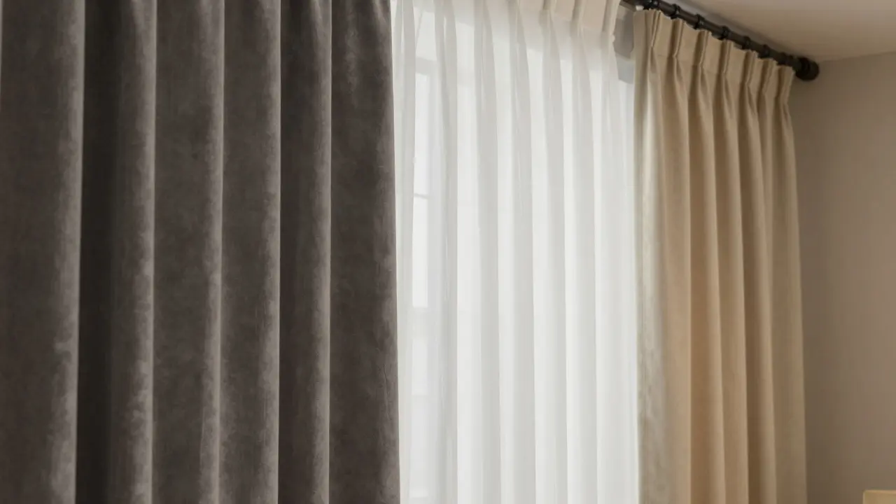 Tři druhy materiálů závěsů vedle sebe: organza, bavlna s polyesterem a samet, ukazující rozdíly v drape a světelném filtru.