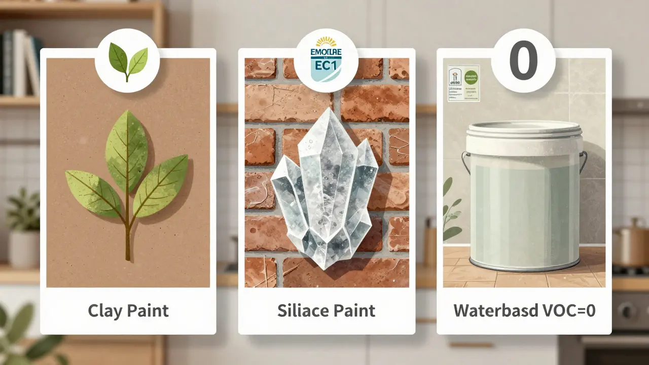 Tři typy ekologických barev: jílová, silikátová a VOC=0, s certifikačními znaky.