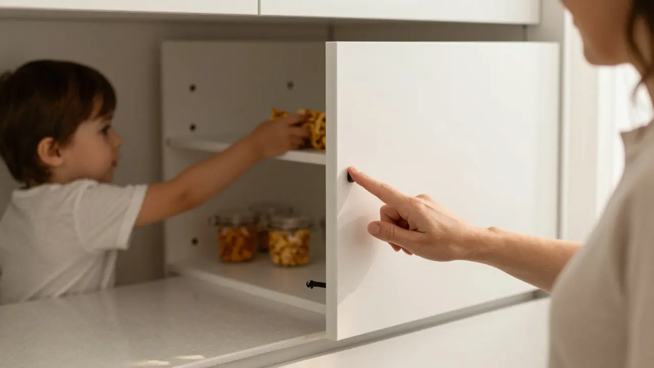Žena lehce tlačí na dvířka kuchyňské skříně, která se otevírají bez tlačítka, dítě bezpečně hraje v pozadí.
