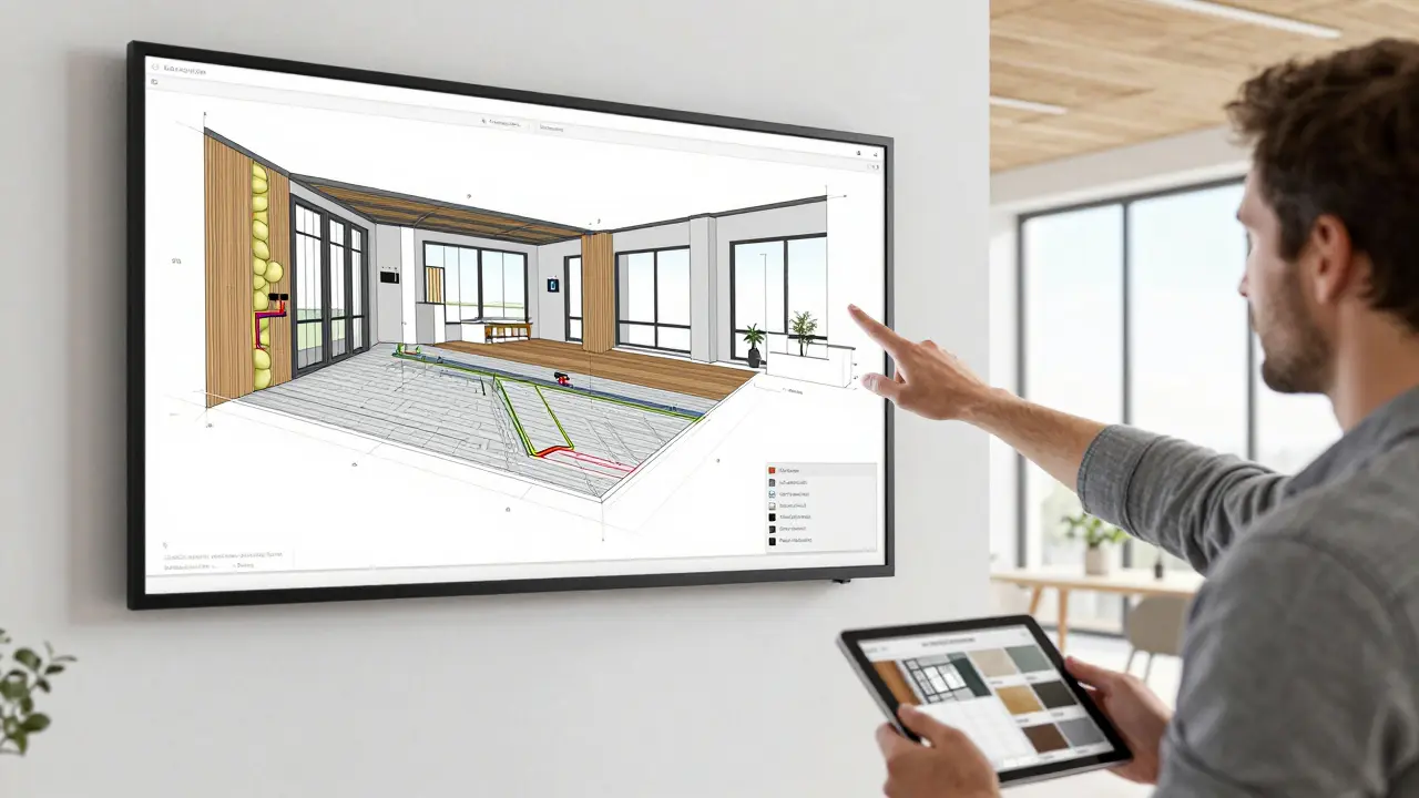Architekt vysvětluje BIM model rekonstrukce klientovi v moderní kanceláři.