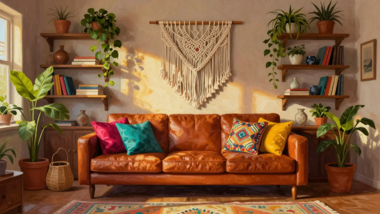Bohémský obývací pokoj s terakotovou koženou sedačkou a barevnými polštáři, rostlinami a textilními doplňky.