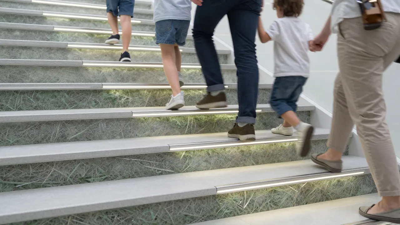 Chytrá schodová lišta s integrovanými LED světly, která se zapíná při kroku, zhotovená z recyklovaných materiálů.