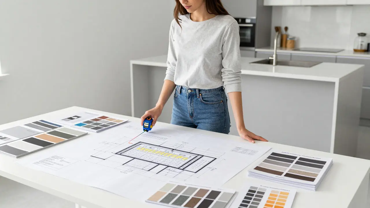 Designér analyzuje technickou dokumentaci s vzorky materiálů a přesnými specifikacemi v kanceláři.