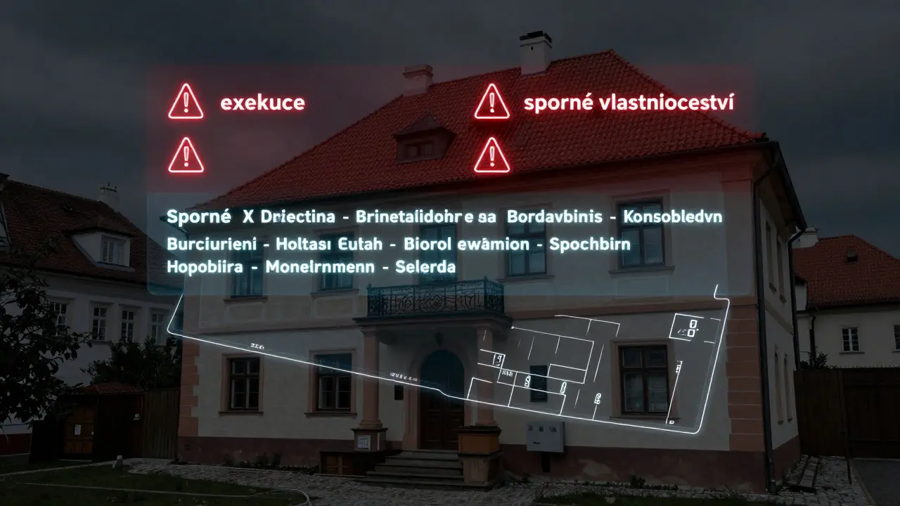 Digitální overlay historického domu s upozorněními na exekuci a sporné vlastnictví.