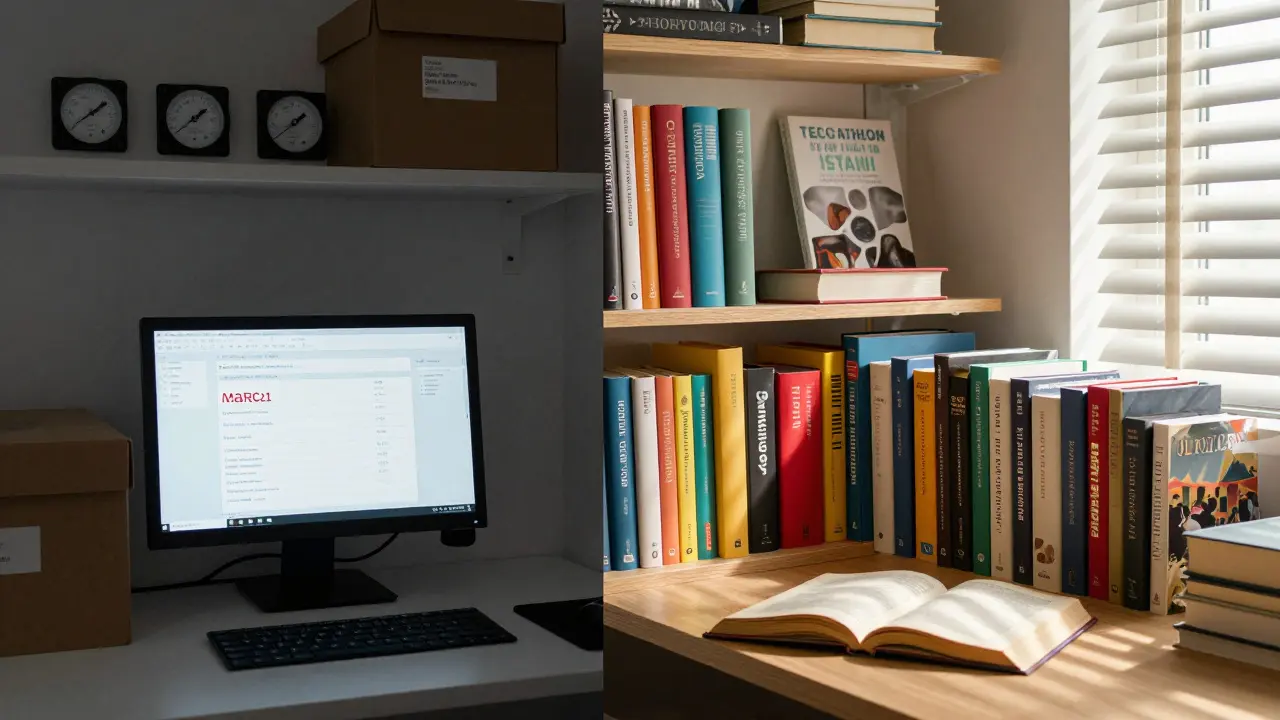 Dvě části pracovní knihovny: archiv s klimatizací a výstava knih uspořádaných podle emocí.