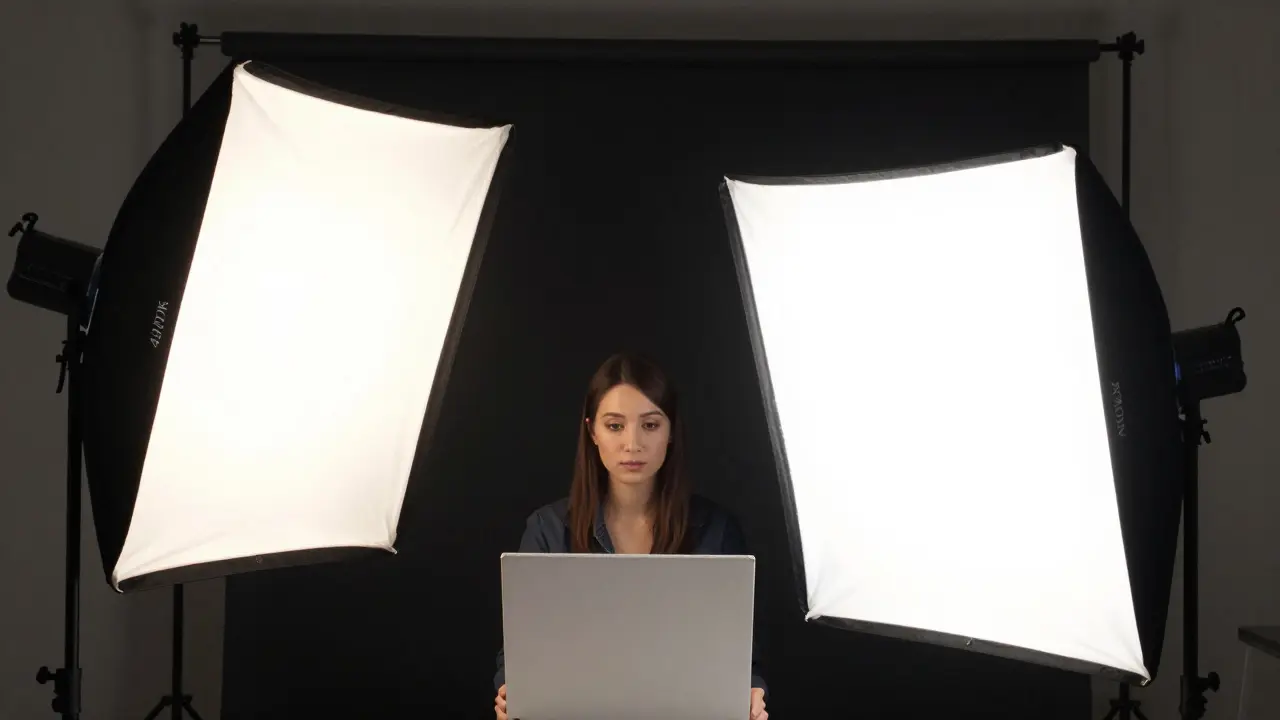 Filmové osvětlení s dvěma LED panely a odrazovým kartonem pro hloubku obrazu.