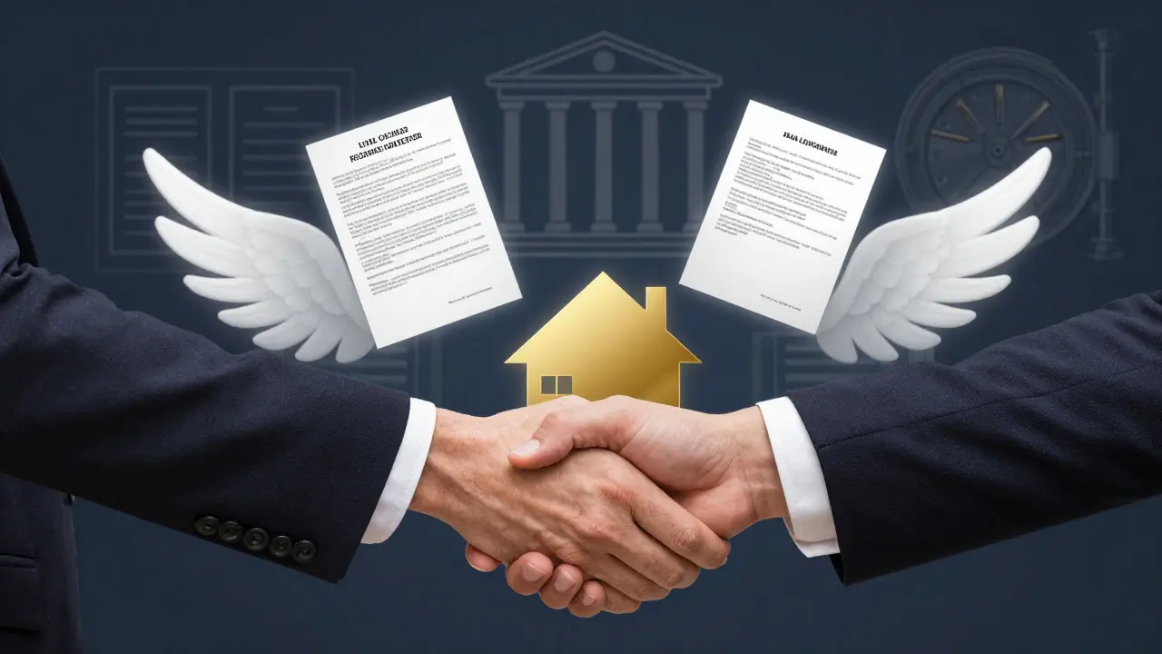 Handshake forming a house shape, surrounded by legal documents and registry symbols, conveying secure transaction.