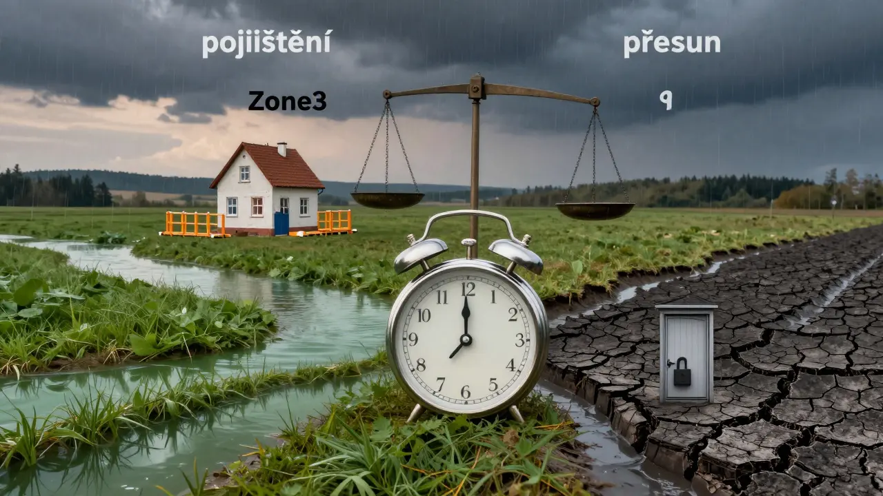 Hodiny symbolizující časový tlak mezi čtyřmi povodňovými zónami v české krajinné krajině.