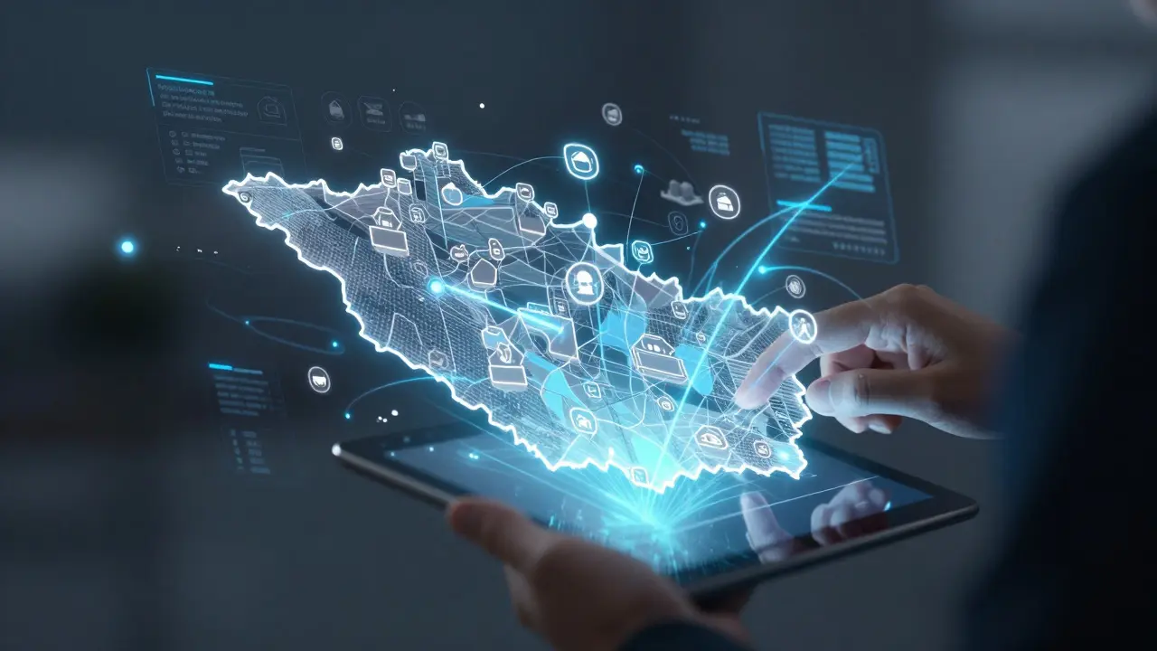 Holografická mapa nemovitostí s datovými body