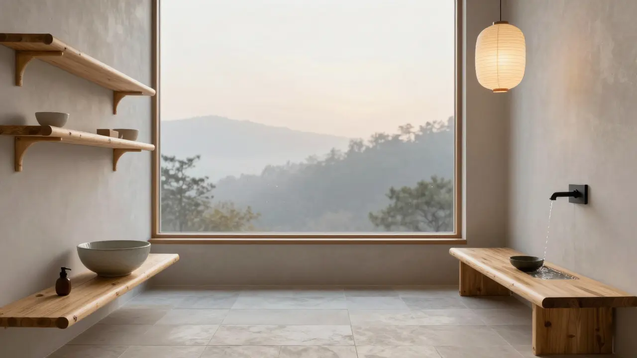 Hybridní koupelna s bambusovými regály, kamenem a jemným vodopádem, osvětlená ranním světlem.