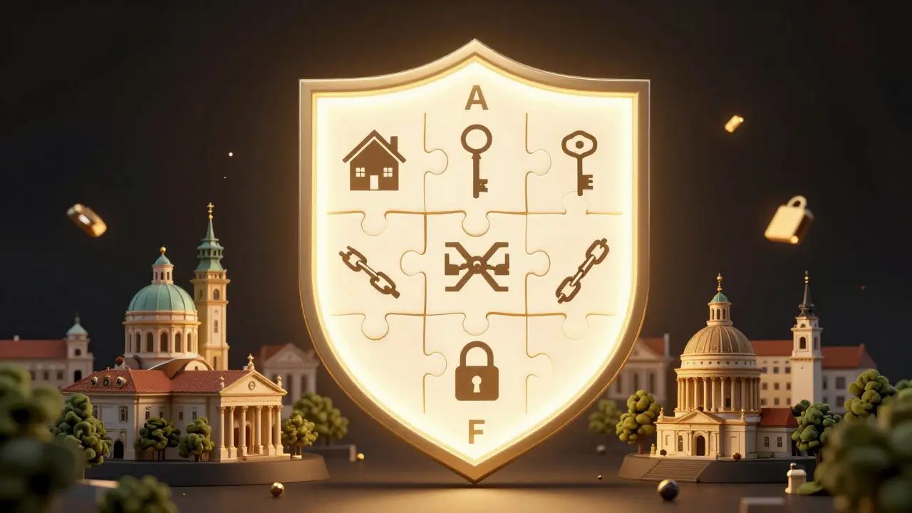 Klávesnice ochrany vlastnictví: výpis z listu vlastnictví jako štít s symboly vlastnictví, zátěží a omezení.