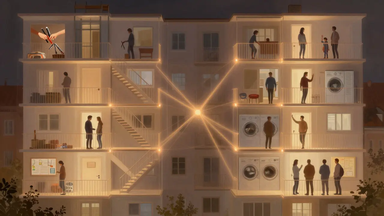 Koncepční obrázek propojených společných prostorů v bytovém domě s lidskými interakcemi.