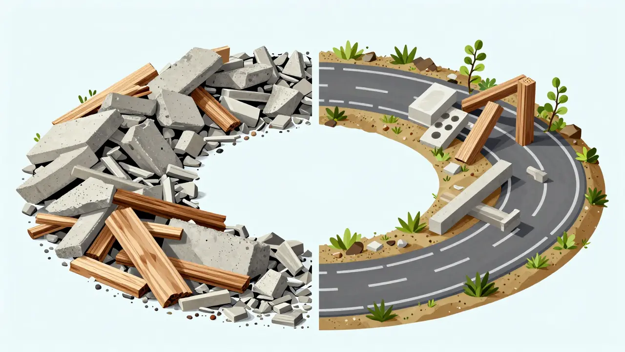 Kruhový tok stavebních materiálů: odpad se mění v nové stavební prvky, zelené rostliny vyrůstají z recyklovaných součástí.