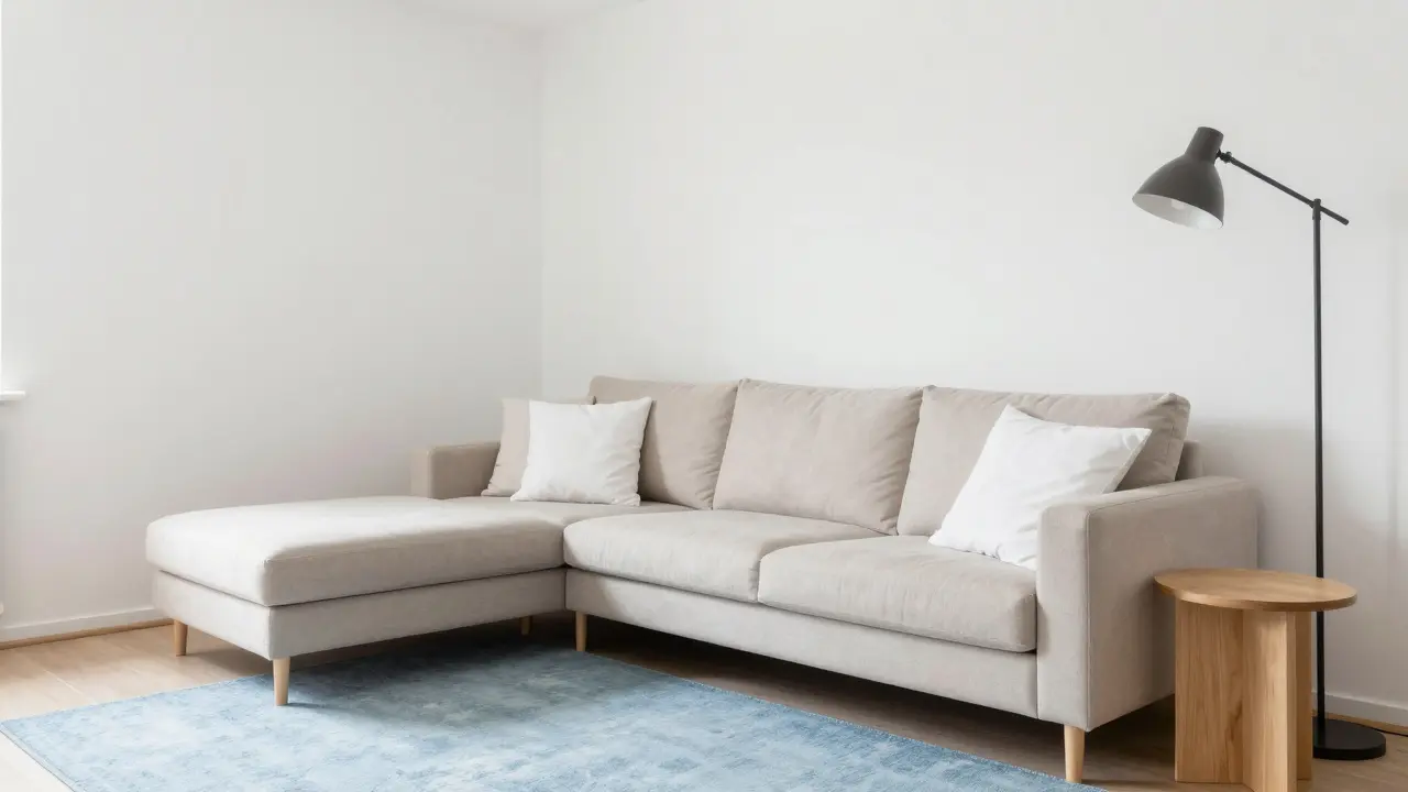 Malý obývací pokoj se světle béžovou sedačkou, která zvětšuje prostor, doplněný bílými polštáři a dřevěným stolem.