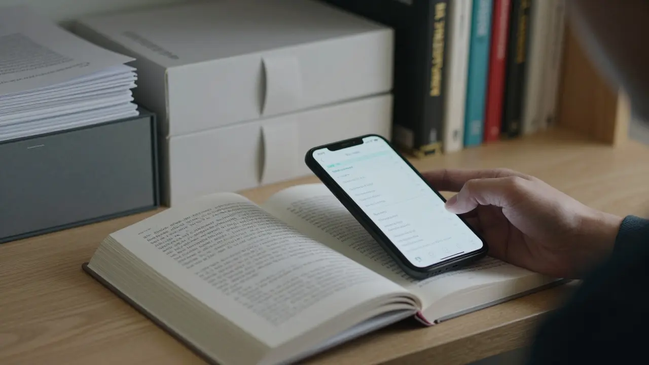 Osoba skenuje knihu pomocí RFID a telefonu, který zobrazuje její digitální metadata.