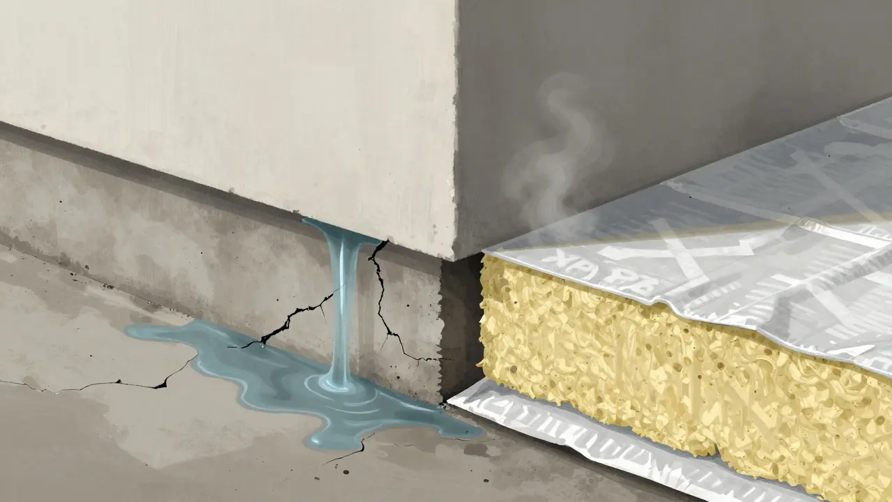 Porovnání nezatepleného a správně zatepleného soklu domu s příznaky vlhkosti a průniku vody.