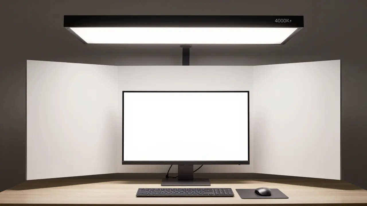 Pracovní plocha s vyváženým neutrálním světlem a odrazovým panelem.