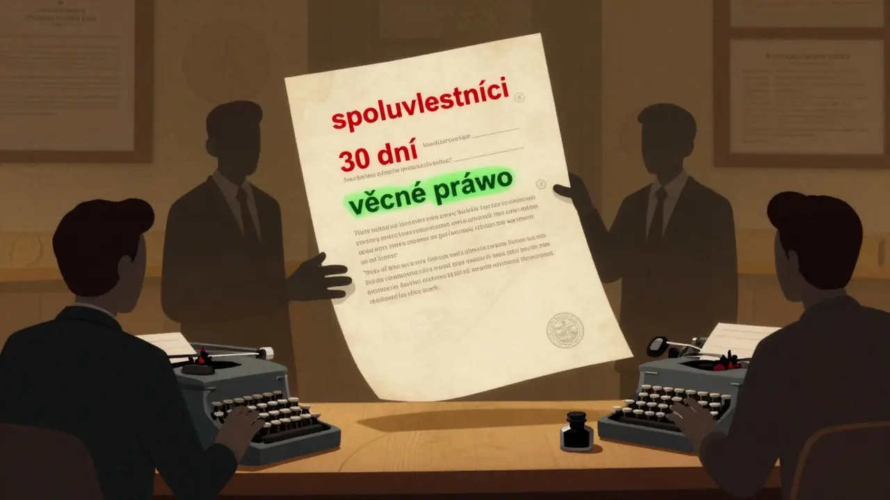 Právní dokument nad soudním úřadem s označenými klíčovými podmínkami.