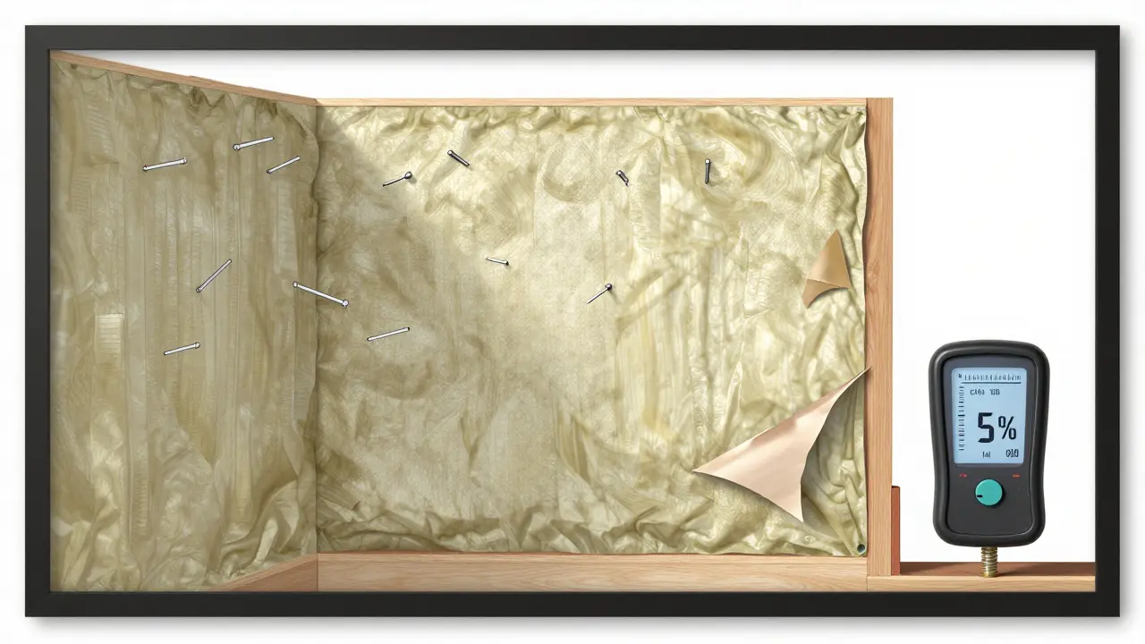 Průřez zdi ukazující chyby v izolaci, kotvení a kondenzaci vnitřní vlhkosti.