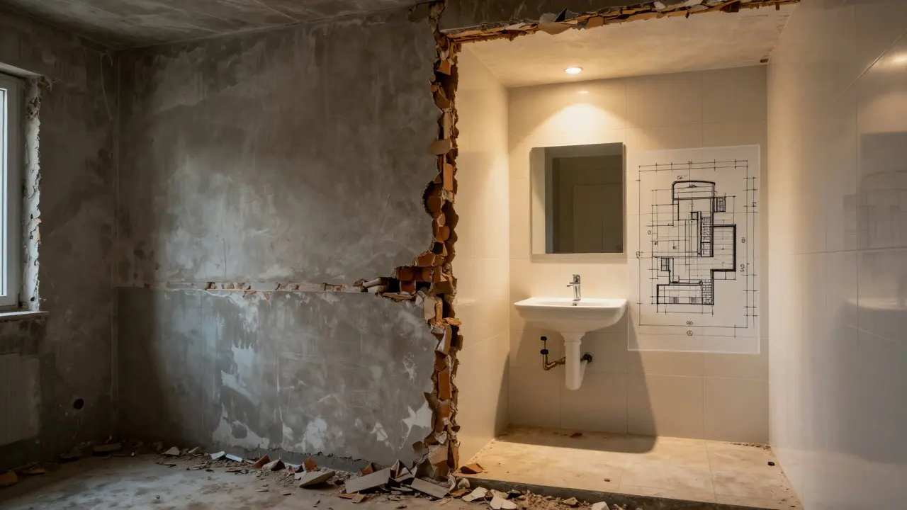 Rozbor rekonstrukce: stará zdivo vlevo, nová koupelna s detailními výkresy vpravo.