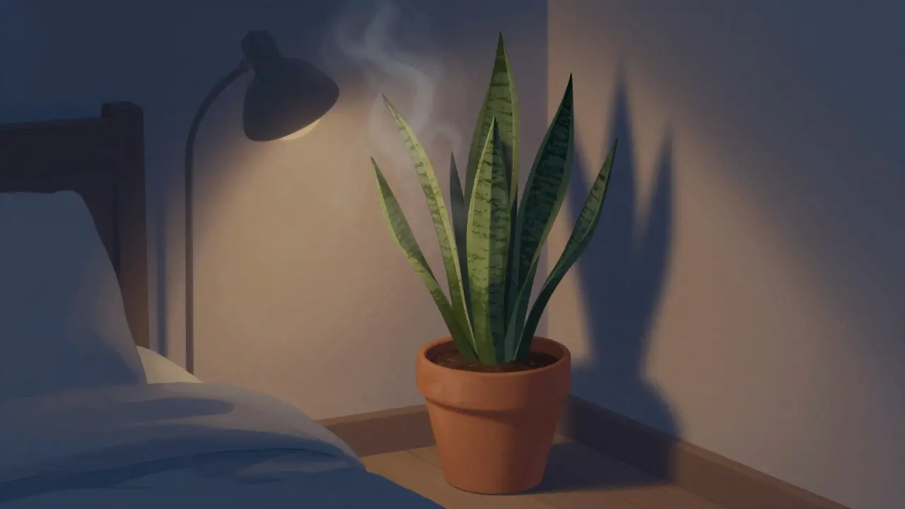 Sansevieria v terakotovém květináči v koutě ložnice, čistící vzduch v noci.