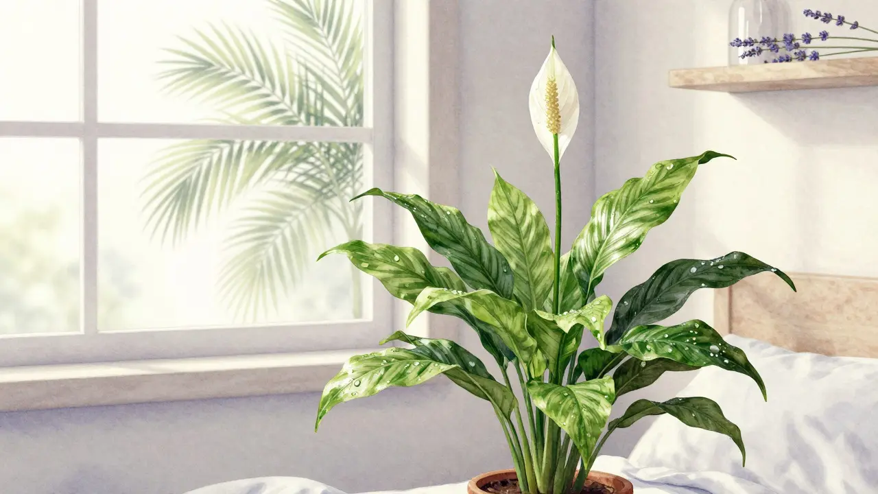 Spathiphyllum kvetoucí v ložnici s přírodní vlhkostí a jemným světlem.