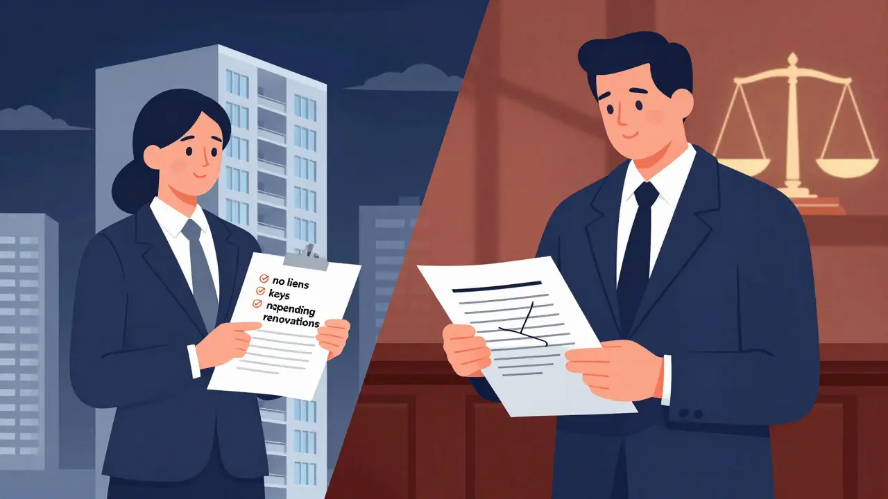 Split scene: agent with property checklist beside a building, lawyer annotating legal documents with justice scale.