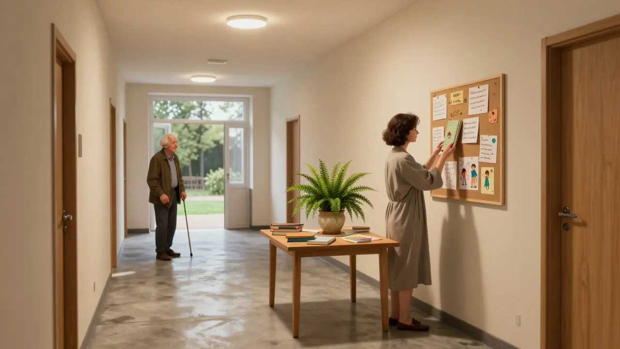 Společný chodba s výměnou knih, květinami a sousedky, která si bere knihu.