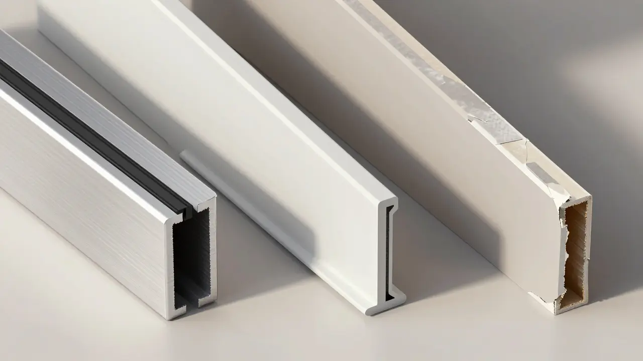 Srovnání tří typů schodových hran: kvalitní hliník s protiskluzem, levné PVC bez bezpečnostního prvku a poškozená hrana.