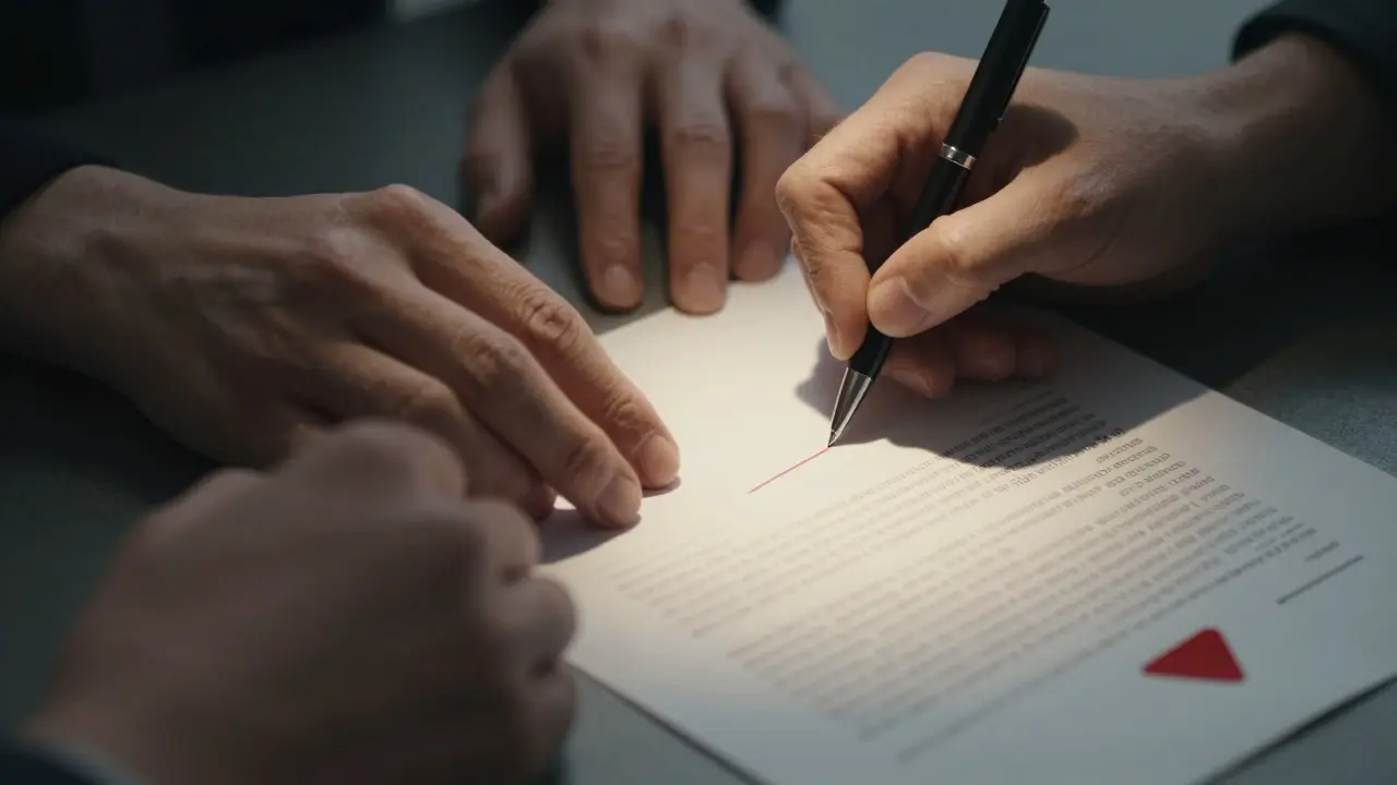 Tři ruce se snaží podepsat smlouvu, ale ruka vlastníka chybí — prázdné místo pro podpis je výrazně zvýrazněno.