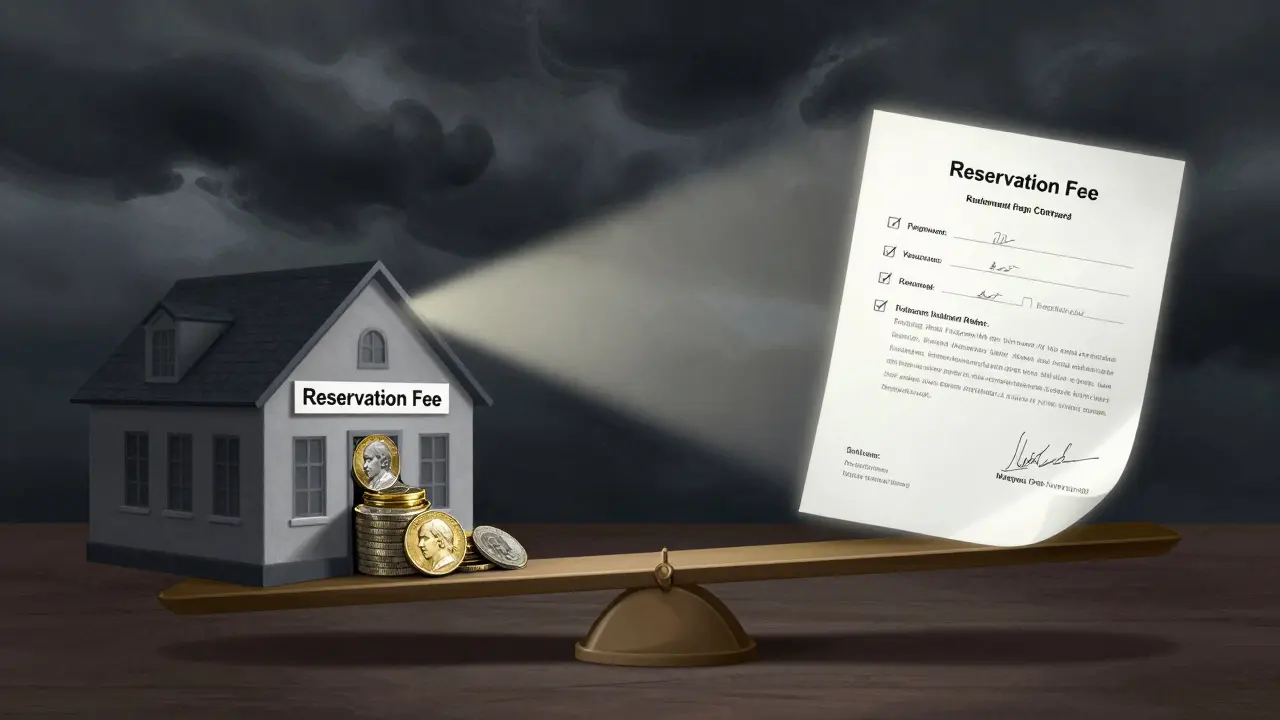 Váhy ukazují, jak realitní kancelář získává rezervační poplatek, zatímco správná smlouva zůstává osamělá a osvětlená.