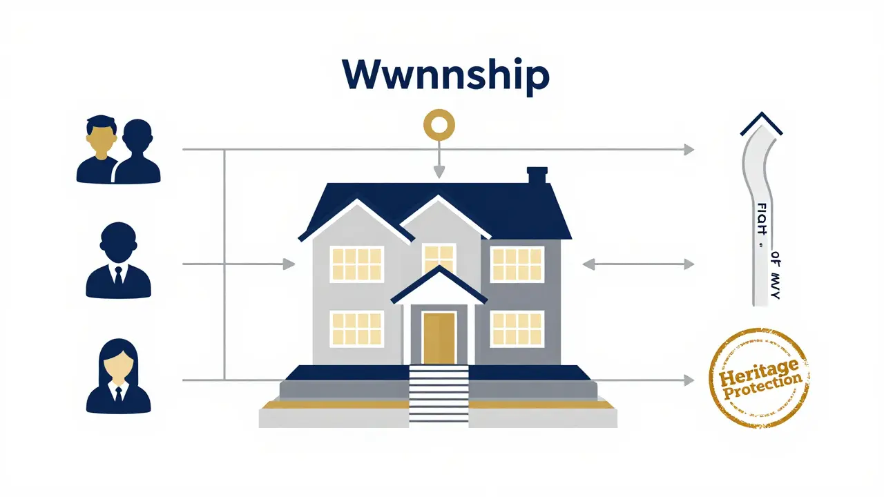 Vizualizace spoluvlastnictví nemovitosti s právními břemeny jako vrstvy nad domem.
