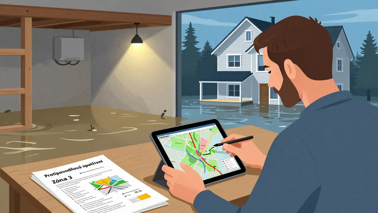 Vlastník domu analyzuje mapy povodňových zón s dokumenty o protipovodňových opatřeních.