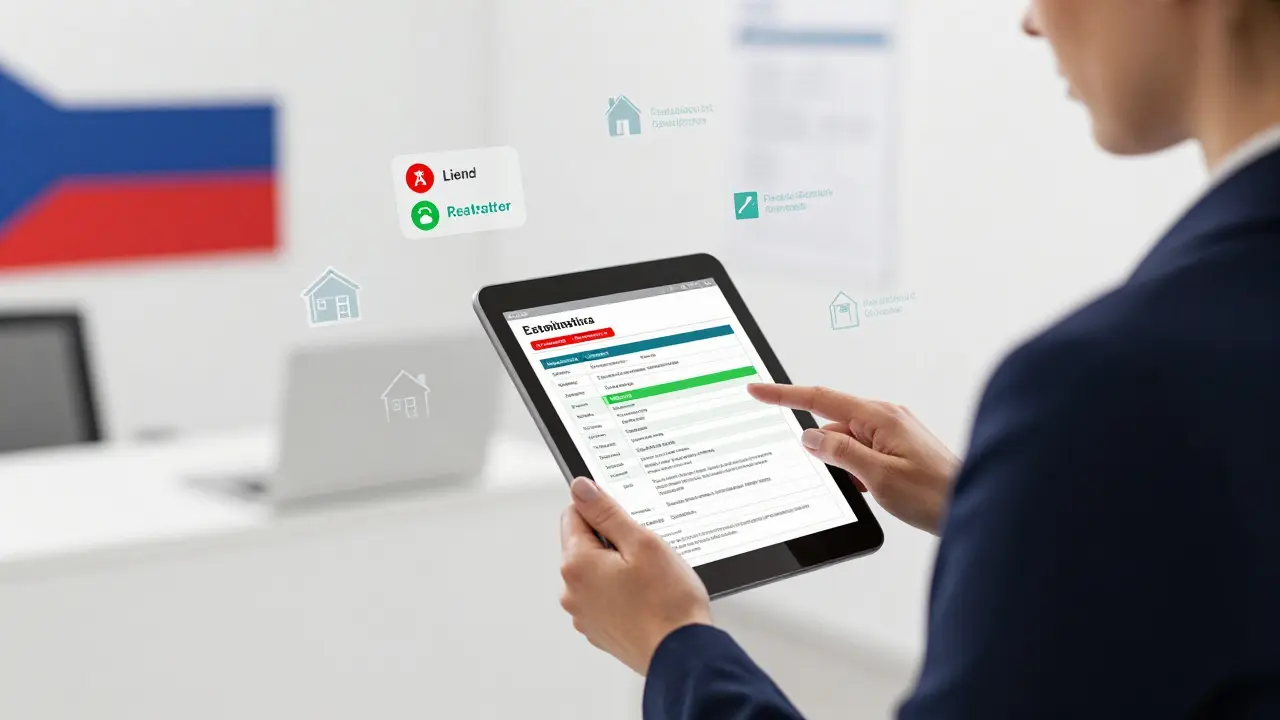 Žena v katastrálním úřadě prohlíží elektronický výpis na tabletu s barevnými varováními o zatížení nemovitosti.