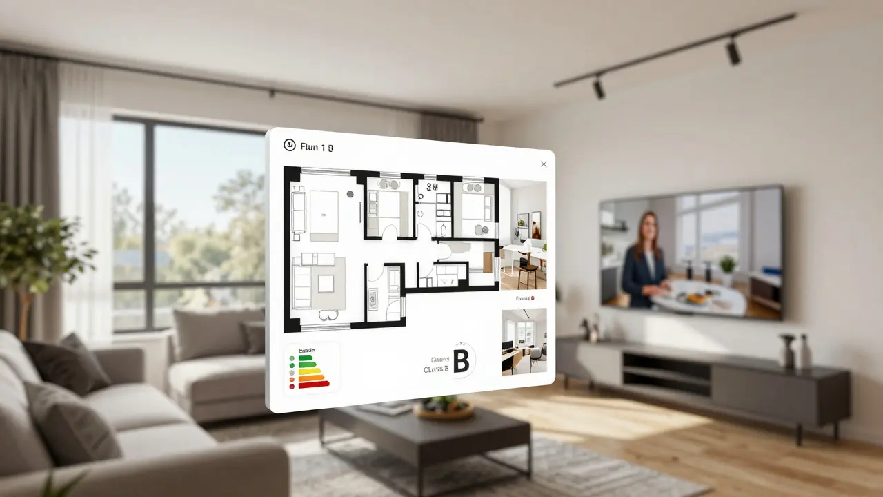 3D virtuální prohlídka bytu s půdorysem a energetickou třídou B visí ve vzduchu nad moderním obývacím pokojem.