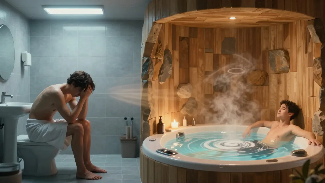 Contrasting before-and-after scene: a stressed person in a cold bathroom transitions to serene relaxation in a warm, natural spa environment.