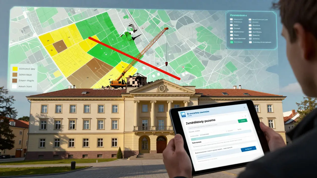 Digitální mapa českých pozemků s označenými kategoriemi a zrušenou nelegální stavbou.