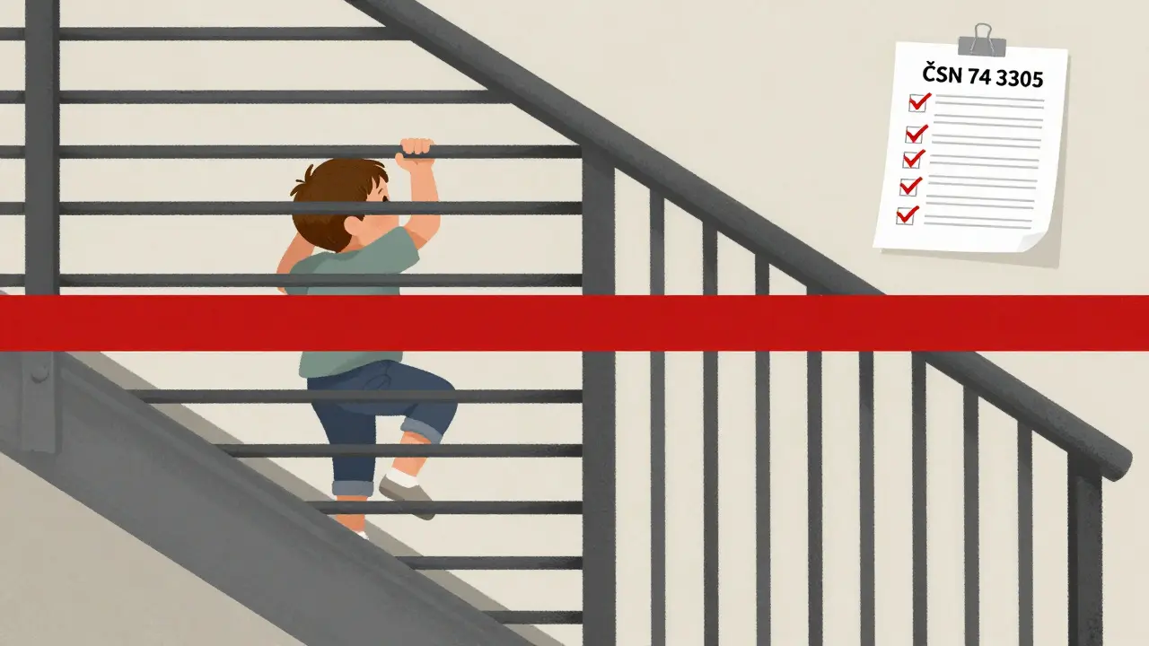 Dítě se pokouší lezt po vodorovných prutech zábradlí, vedle bezpečná alternativa se svislými výplněmi.