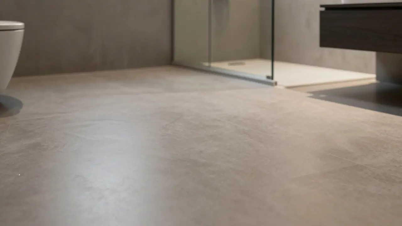 Dokončená koupelna s odolnou vinylovou podlahou a skleněnou sprchovou zónou.