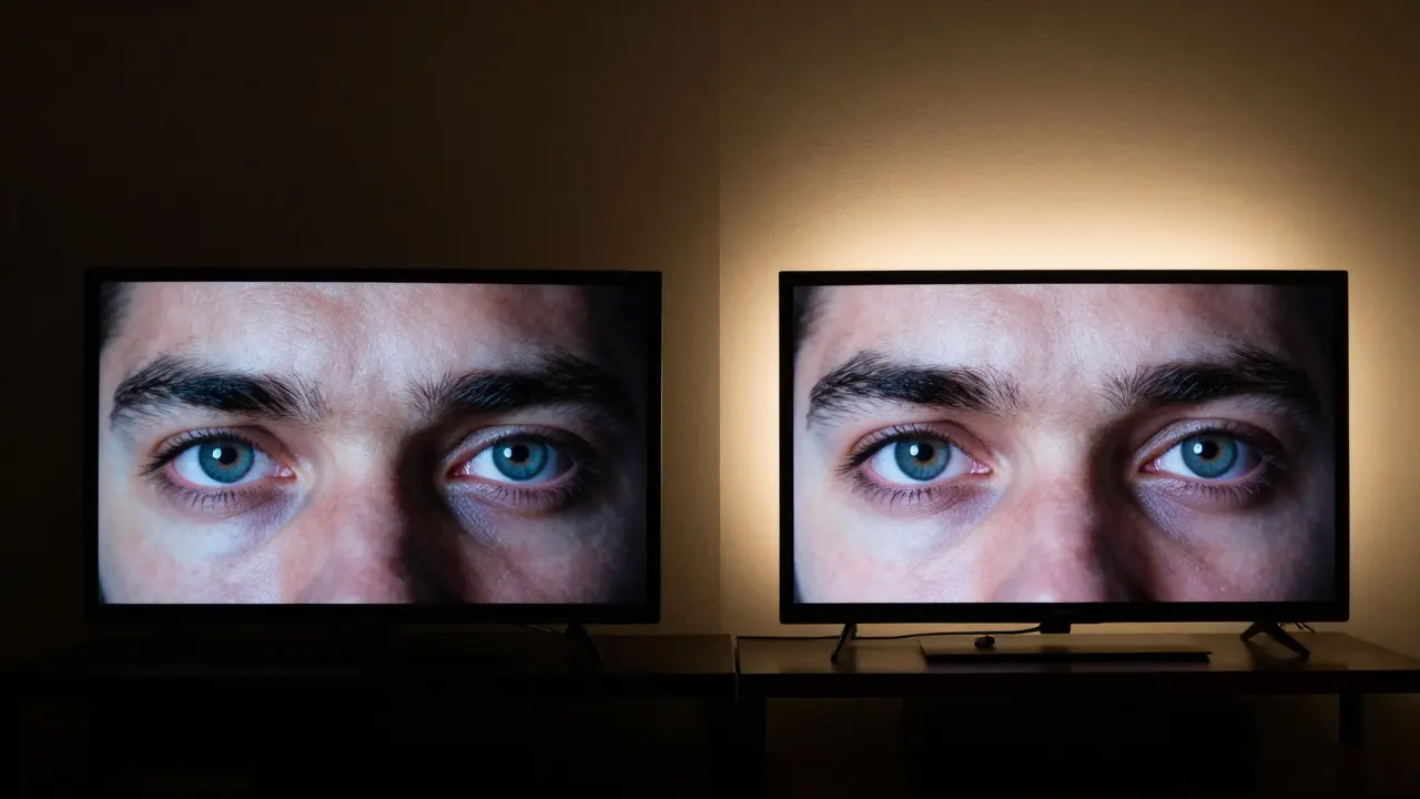 Dvě scény vedle sebe: jedna s náročným kontrastem televizní obrazovky a tmavou stěnou, druhá s jemným ambientním osvětlením za obrazovkou.