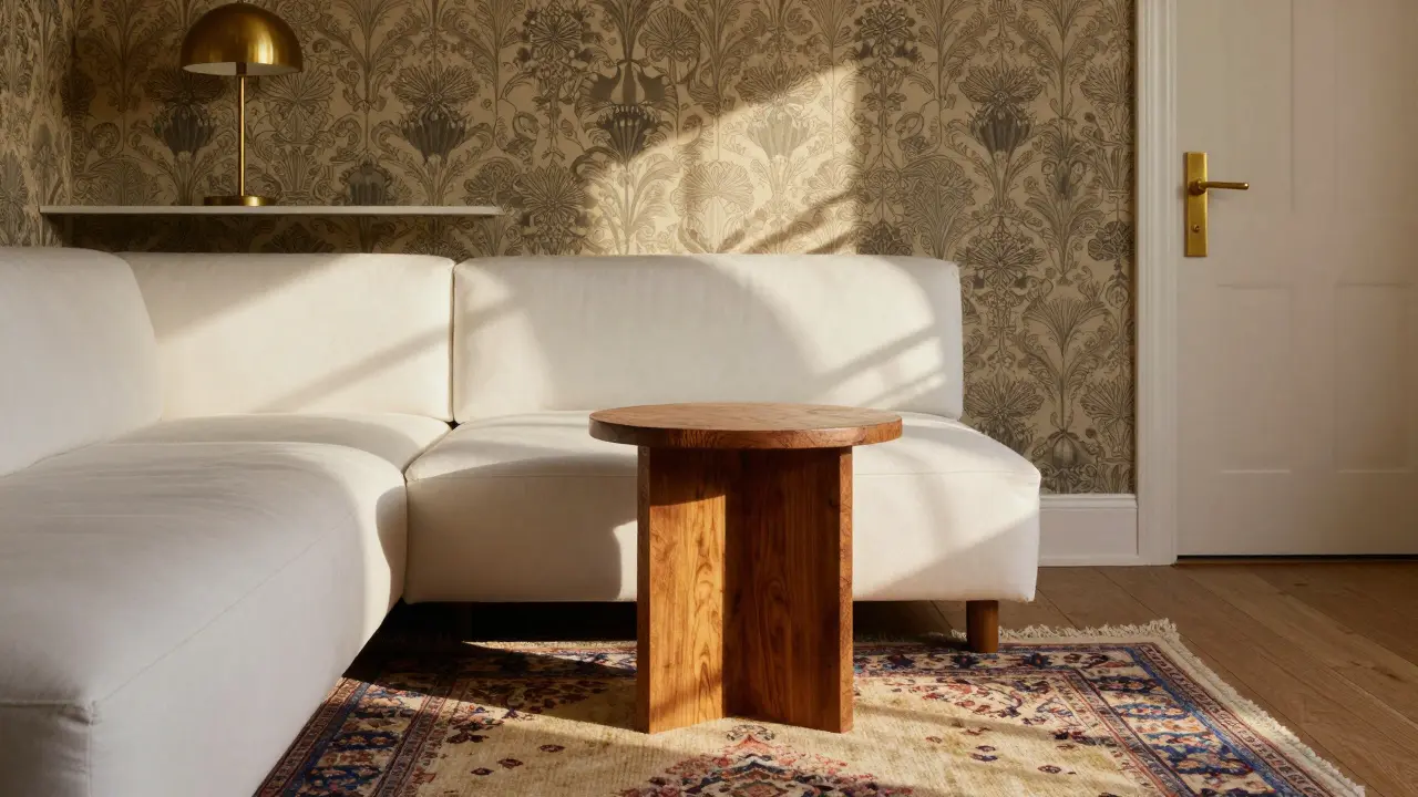 Harmonious blend of 1950s wallpaper, 1970s rug, and restored heirloom table with brass accents.