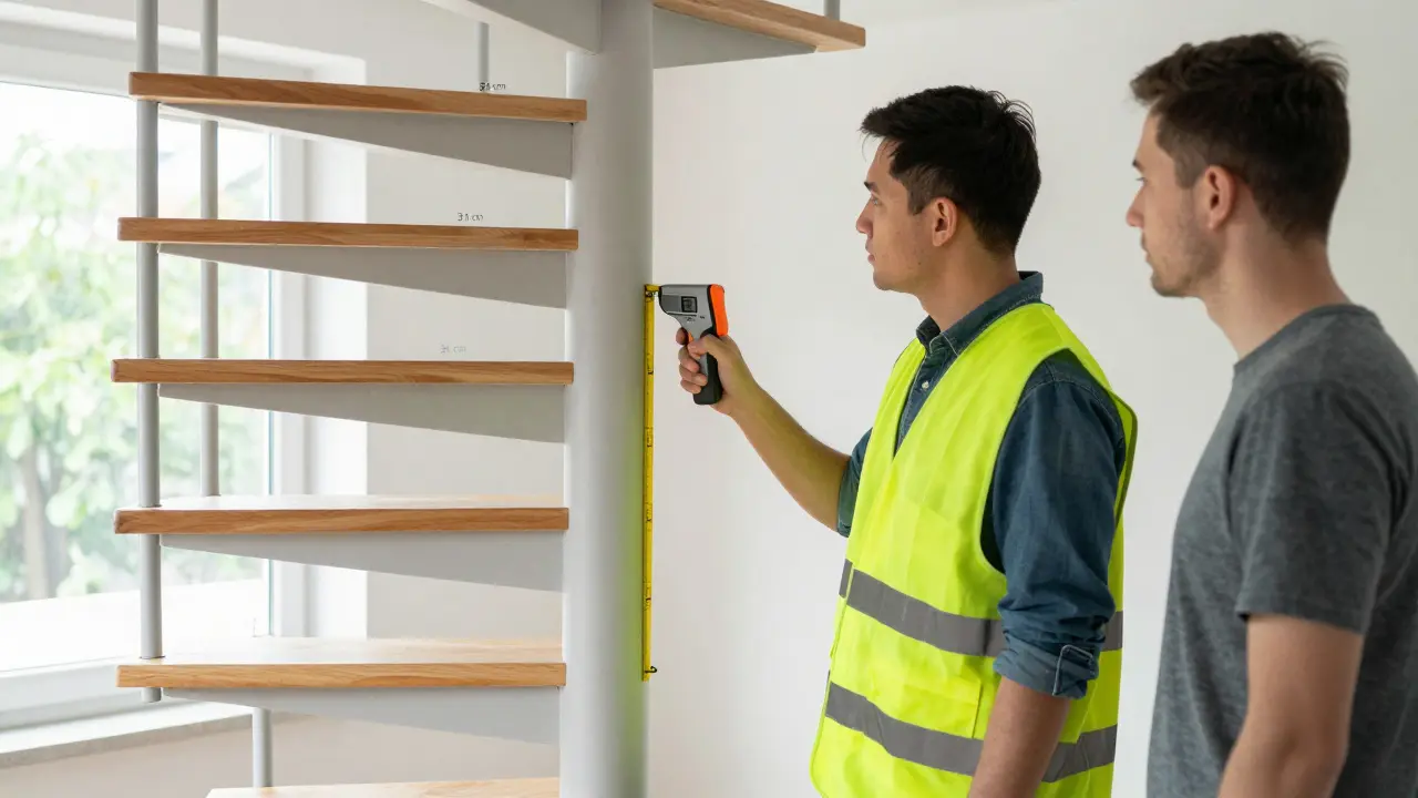 Inspektor měří hloubku schodu a výšku volného prostoru pod schodištěm v českém domě.