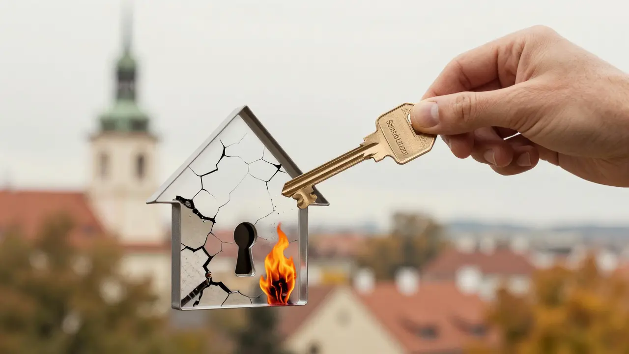 Klíč 'stavební dozor' zamyká rizika v domě, symbolizující prevenci škod před rekonstrukcí.