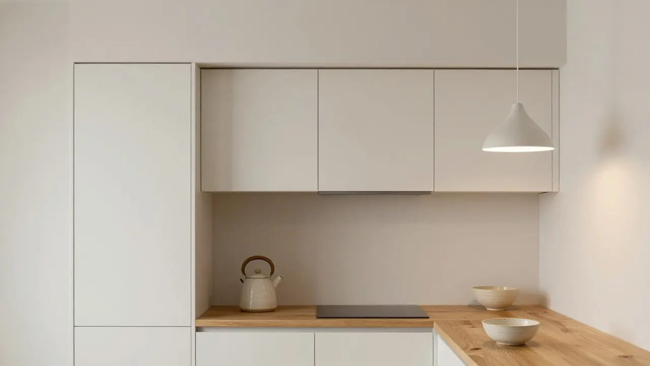 Kuchyně s výškovými skříněmi, dřevěným výškovým stolem a jednou keramickou konvicí, teplé osvětlení a přírodní barvy.