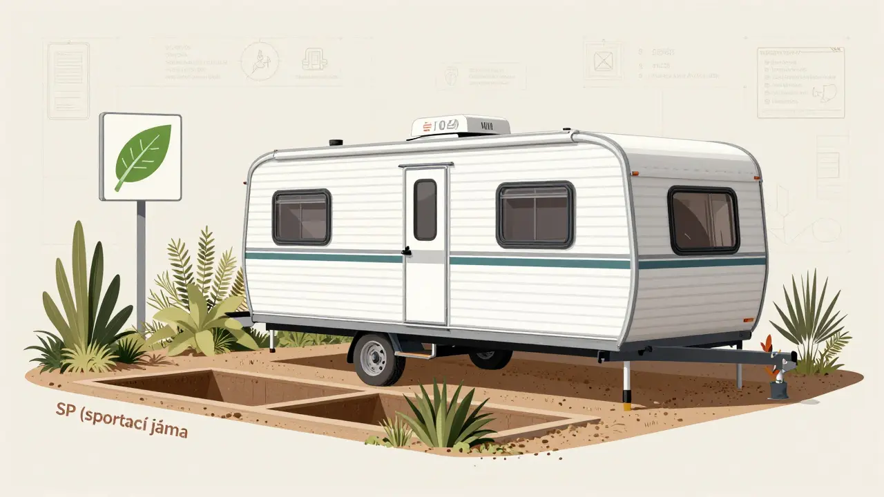 Mobilní dům na pozemku SP s vsakovací jámou a přírodní krajinnou výzdobou.