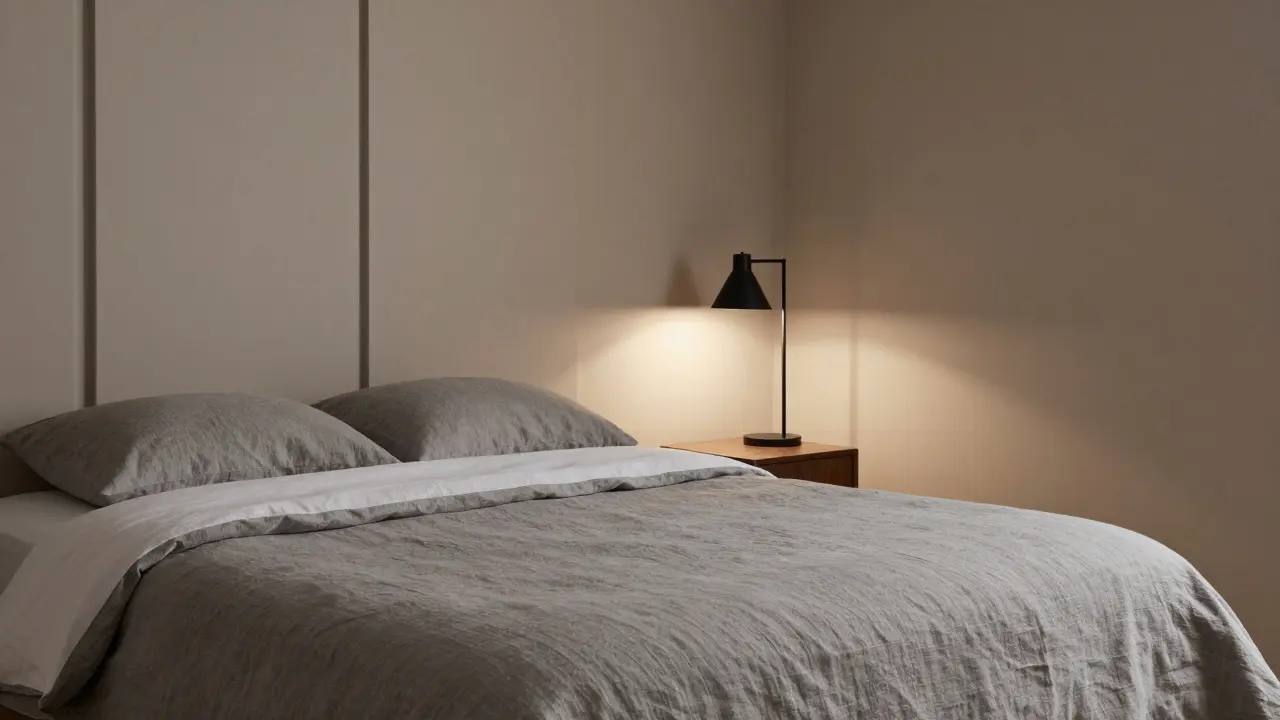 Nečistá ložnice s minimalistickými textiliemi a jedním dřevěným předmětem jako jediným kontrastem.