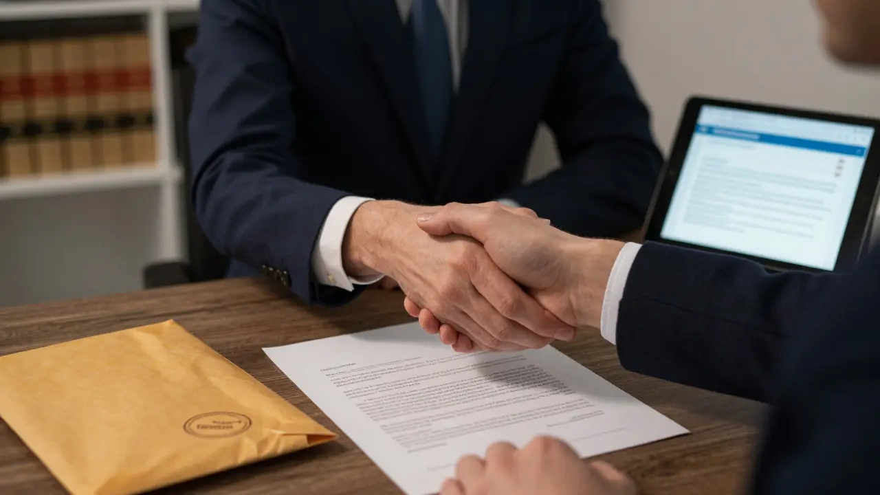 Notář podepisuje kupní smlouvu s oběma stranami, viditelný pečetní razítko katastru nemovitostí.