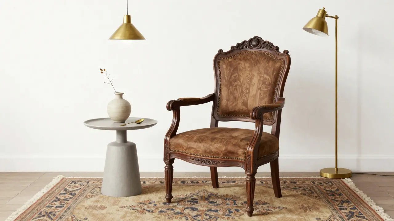 Ornate 19th-century armchair as centerpiece with brass lamp and ceramic vase.
